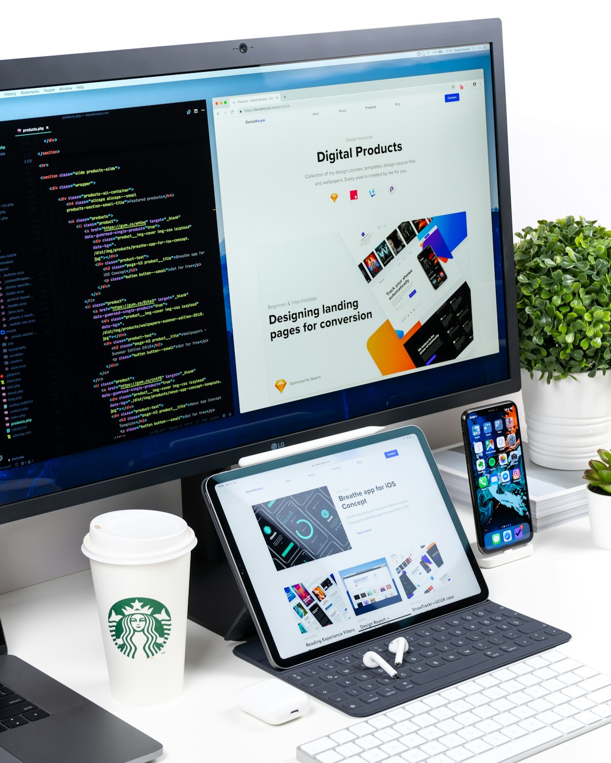 Web designer comparing page builder layouts on screen