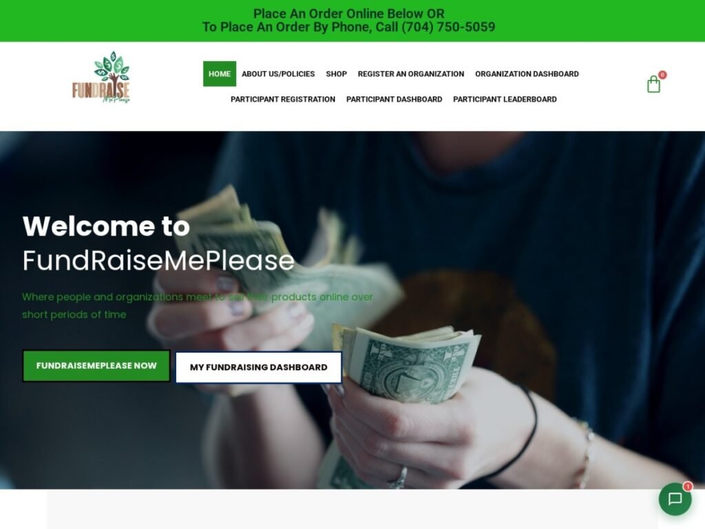 FundraiseMePlease fundraising site with AI chatbot — live site screenshot